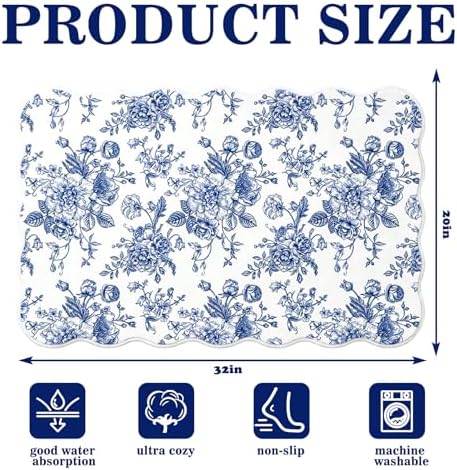 Whaline Blue Floral Rug Mat 32 x 20 Inch Chinoiserie Absorbent Bathmat Vintage - Image 2
