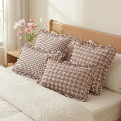 Set of 2 Ruffle Gingham Lumbar Pillow Covers 12x20 Inch Cotton Brown and White - Image 5