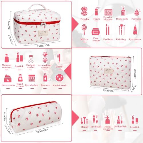 Gosect 3pc Makeup Bag Set, Quilted Makeup Bag Set, Large Floral Cosmetic Bag - Image 2