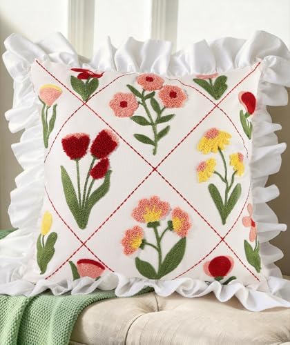 Embroidered Throw Pillow Cover, 18x18 Inch, Ruffle Floral by Kokaaee