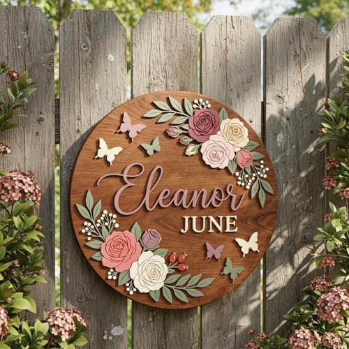 Personalized Wooden Name Sign, Custom Floral Round Wall Decor, Rustic Wooden by Custom