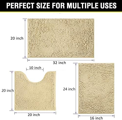 Bath Rugs Chenille 3-Piece Extra Soft and Absorbent Shag Beige Bathroom Rugs - Image 2