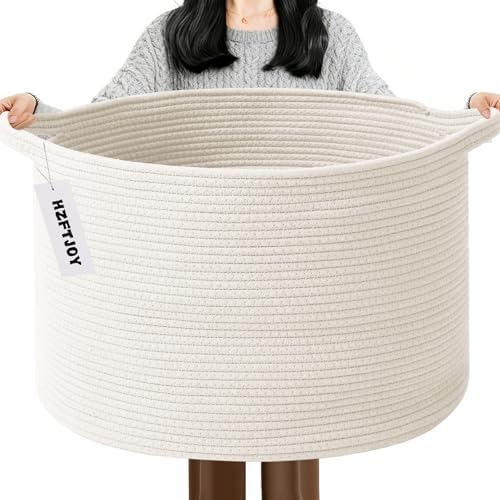 115L Extra Large Woven Cotton Rope Blanket Basket-White by HZFTJOY