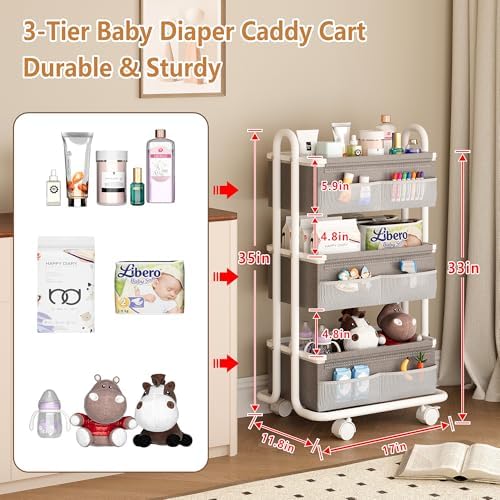 3-Tier Baby Diaper Caddy Organizer Cart, Mobile Nursery Storage Carts - Image 3