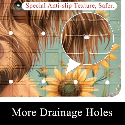 Shower Mat Non Slip 26.8 x 15.1 Inches, Highland Cow Sunflower Bathtub Mat - Image 2