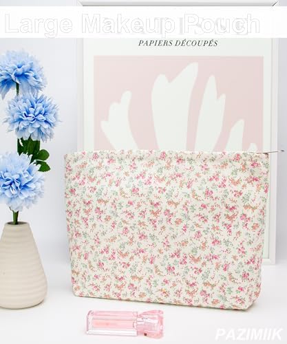 Flat Makeup Bag for Women, Zipper Cosmetic Pouch for Purse, Flower White - Image 5