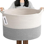 65L Large Blanket Basket, Woven Rope Laundry Basket-White&Grey by HZFTJOY