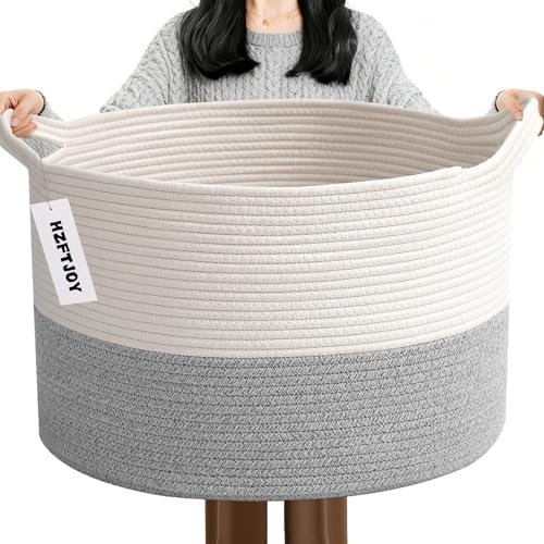 65L Large Blanket Basket, Woven Rope Laundry Basket-White&Grey by HZFTJOY