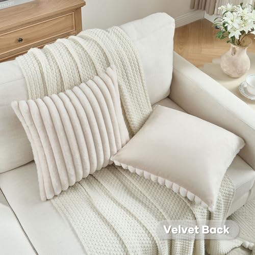 FUTEI Pack of 2 Faux Fur Throw Pillow Covers 18x18 Inch, Light Beige - Image 4