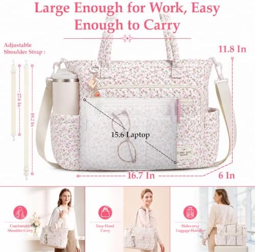 WOBAGMEN Teacher Tote Bag for Women, Quilted Floral Laptop Work Tote - Image 4