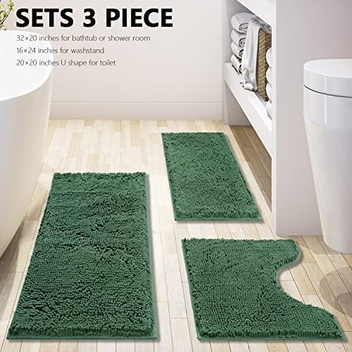 Green Bathroom Rug Chenille 3-Piece Extra Soft and Absorbent Shag Bath Mat Set - Image 3