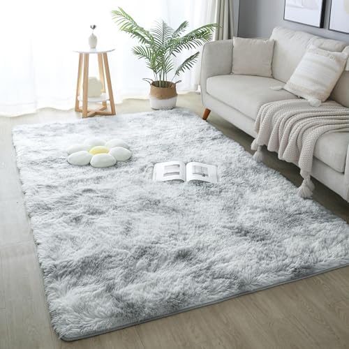 5x8 Light Grey Fluffy Shag Rug for Bedroom, Plush Washable Carpet by KICHOWUA
