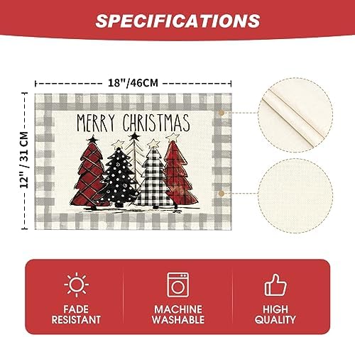 Artoid Mode Watercolor Grey Buffalo Plaid Christmas Trees Placemats Set of 6 - Image 6