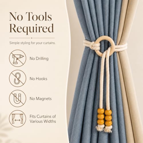 2 Pcs Vintage Adjustable Wooden Ring Curtain Tiebacks Handmade Boho Curtain - Image 3