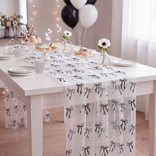 4 Pcs White Tulle Table Runner Black Bow, 29 X 70 Inch Lace - Image 5