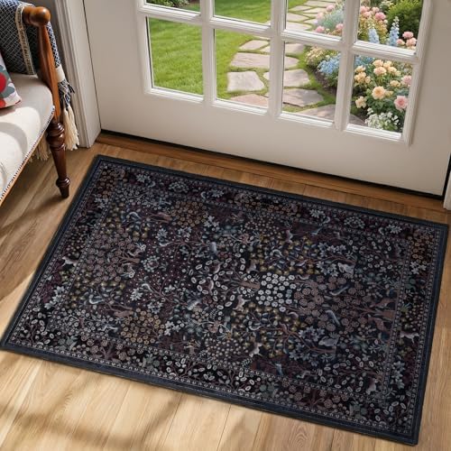 Midnight Blue Washable Entryway Rug 2x3, Tree of Life Whimsical Floral Animal by Jainmy