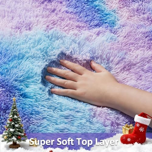 Ophanie Round Rug 4Ft Tie-Dye Rainbow Purple Circle Area Rug, Fluffy Fuzzy - Image 2