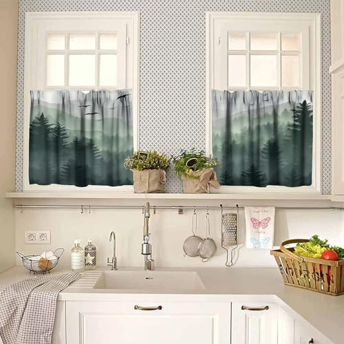Forest Valance Curtain for Kitchen, Watercolor Green Forest Flying Birds Nature - Image 2