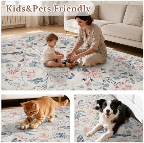 6x9 Area Rugs Boho Floral Washable Living Room Rug Neutral Carpet Nursery - Image 6