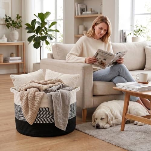 90L Extra Large Blanket Basket, Woven Laundry Basket-Mixed Black - Image 4