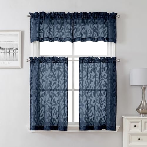 Lecloud Leia Jacquard Textured Navy Blue Sheer Valances - Image 2