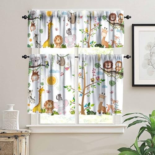 Kids Forest Animals Valance Curtains, Cartoon Elephants Giraffes, Lions Parrots - Image 3