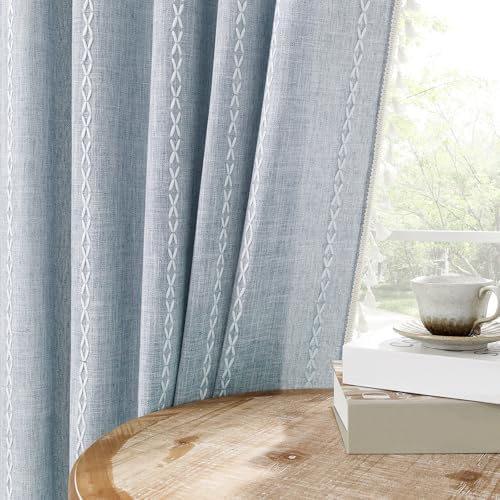 MitoVilla Blue Boho Linen Bedroom Curtains 84 Inch Length 2 Panels Set - Image 7