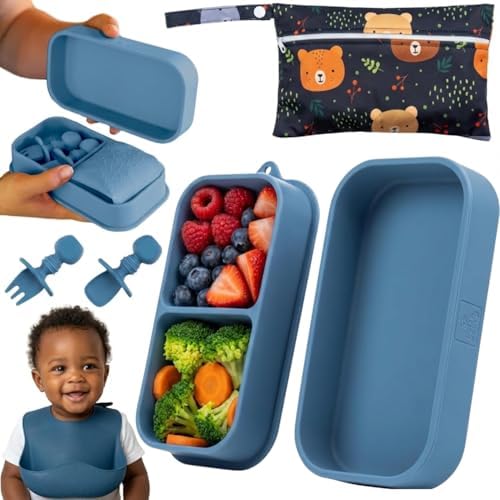 Baby Travel Feeding Set with Silicone Suction Plates, Dark Blue Small by PalzPandy