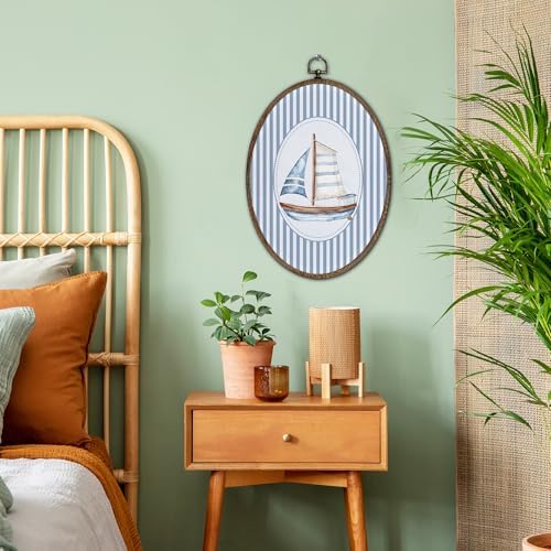 FLAWAFLOMA Vintage Sailboat Nursery Oval Wall Art Decor, Kids Room Canvas Wall - Image 3