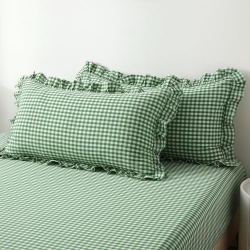 2 Pack Green White Gingham Ruffle Standard Pillow Shams 20"x26" - Image 3