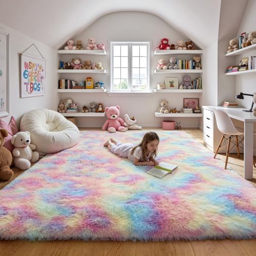 Rainbow Fluffy 9x12 Area Rug Soft Washable Shag Carpet by KICHOWUA