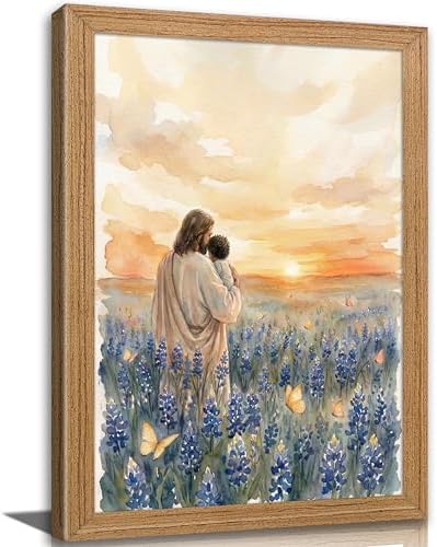 Framed Jesus Canvas Wall Art Jesus Holding Child In The Flower Patch Wall Decor by Unknown