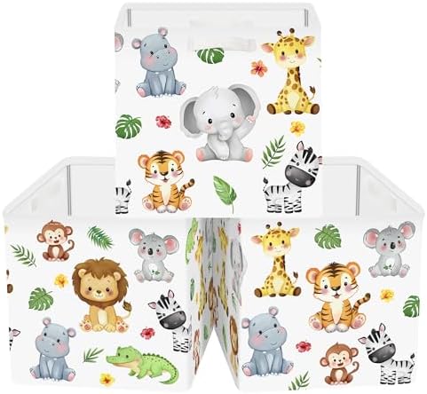 11.8" Jungle Animals Cube Storage Organizer Set 3Pcs Lion Giraffe Elephant Cube by HUUMONSS