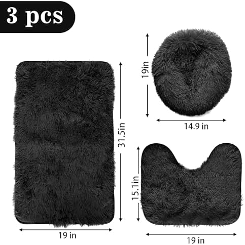 Black Bathroom Rugs Sets 3Piece Bath Mat Solid Bath Rug Floor Mats Washable - Image 2