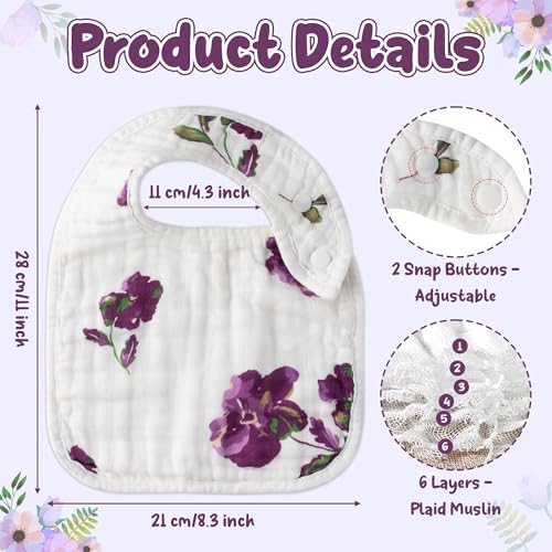Zainpe 6Pcs Snap Muslin Cotton Baby Bibs Flower Pattern Infants Drooling Bib - Image 2