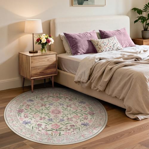 Lahome Purple 6ft Round Dorm Rug, Floral Circle Rug - Image 3