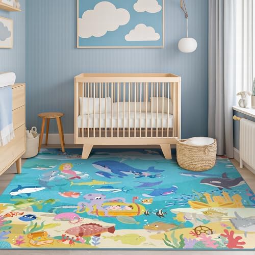 4x6 Ocean Rug for Kids Playroom – Sea Life Learning Carpet by HazoHaus
