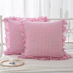 2 Pack Pink White Gingham Ruffle Throw Pillow Covers 22''x22'' by KMASANIJI