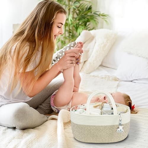 XUANGUO Large Cotton Rope Baby Diaper Caddy Organizer Basket White Brown - Image 4