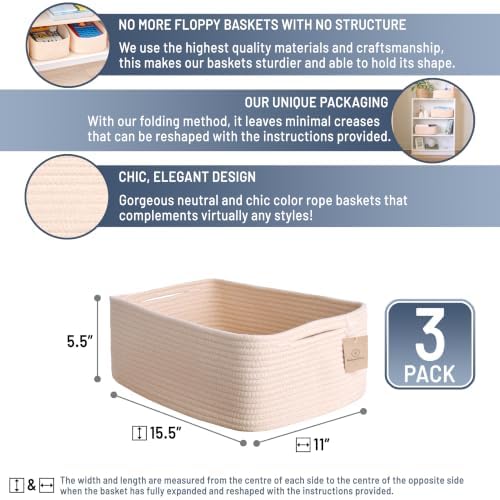 Woven Rope Baskets for Organizing, 3 Pack, 15.5 x 11 x 5.5" Storage Bins - Image 2