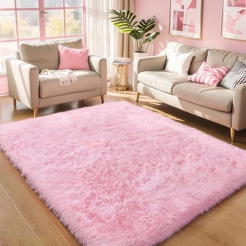 Pink Fluffy 4x6 Area Rugs for Bedroom Girls, Plush Washable Carpet by KICHOWUA