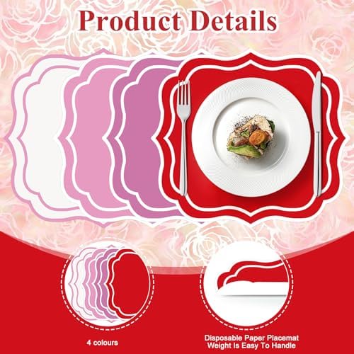 100 Pcs Red Paper Placemats 13.4 x 12 Inch Disposable Scalloped Valentines - Image 3