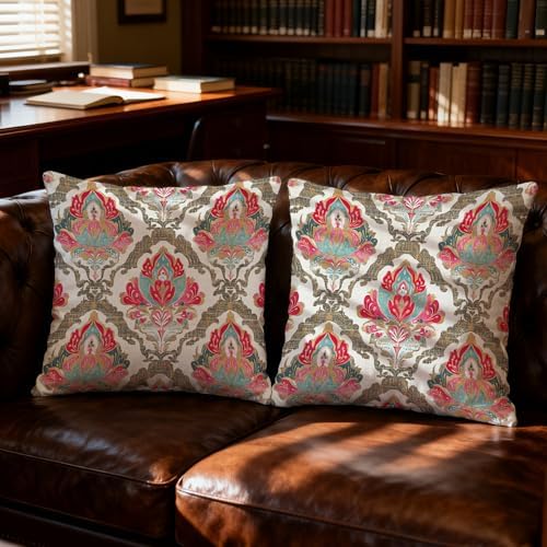 Boho Vintage Damask Floral Pillow Covers 18x18 Set of 2, Ethnic Indian Block - Image 2