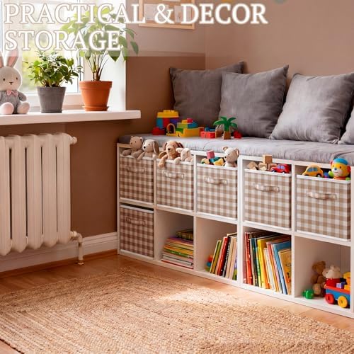 Yalikop 6 Pcs Beige Gingham Cube Storage Bins, 11 Inch Fabric Checkered - Image 5