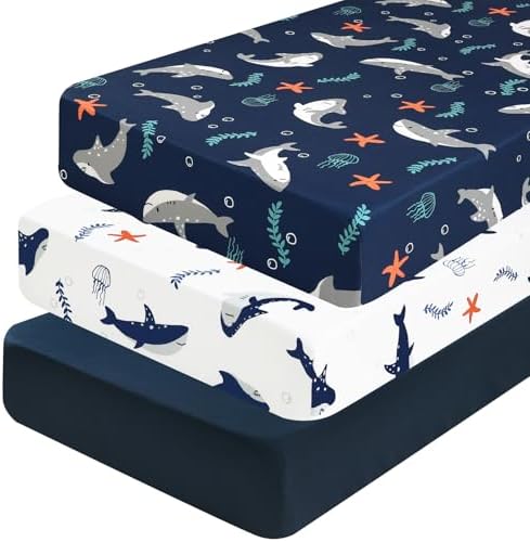 PHF 3 Pack Soft Shark Crib Sheets Fitted, Comfy Breathable Baby Sheets by PHF