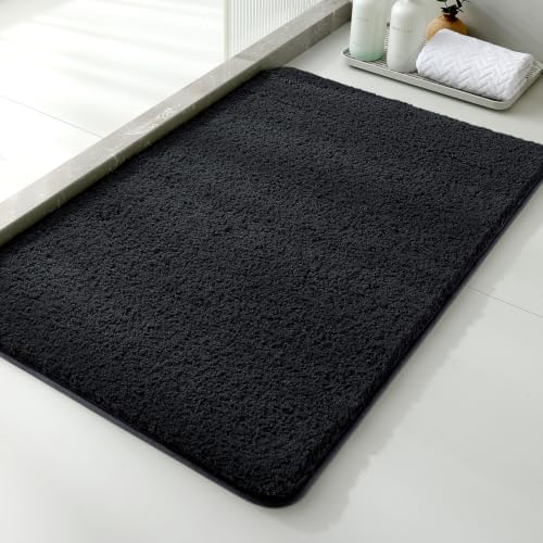 Polyester Bathroom Rug 24"x36" Black, Non-Slip Soft Shaggy Bath Mat by Kildoss