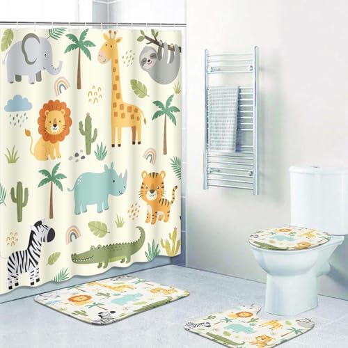Britimes Bathroom Sets with Shower Curtain and Rugs Set of 4 Safari Animals by Britimes