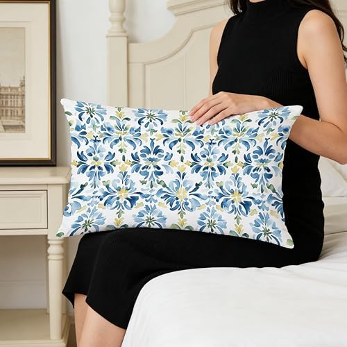 Mediterranean Blue and Yellow Floral Tile Pillow Covers 12x20, Vintage Moroccan - Image 4
