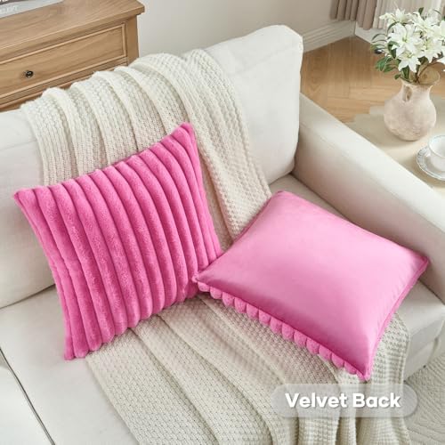 FUTEI Pack of 2 Faux Fur Throw Pillow Covers 24x24 Inch, Hot Pink - Image 4