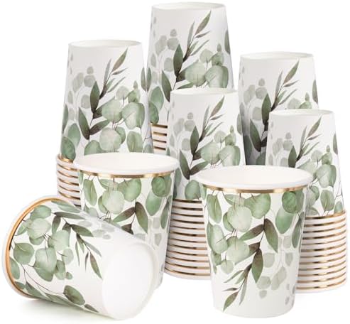 WRAPAHOLIC 50 Pcs Greenery Paper Cups - 9 oz Eucalyptus Disposable Cups by WRAPAHOLIC